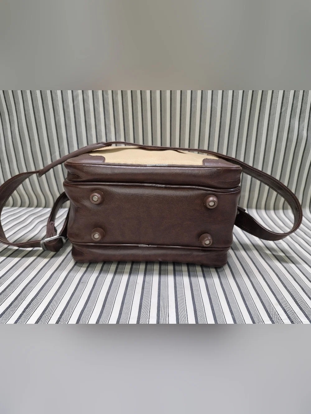 Vintage Camera Bag Canvas & Brown Leather Crossbody Multi Pocket